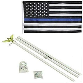 USA Thin Blue Line Embroidered Nylon Flag White Pole Kit Set Eagle Top 3x5 3' x 5'