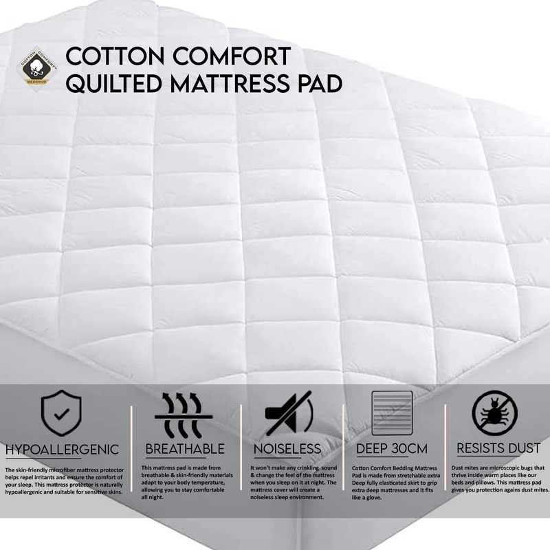 Cotton Comfort Bedding Quilted Mattress Protector King Size 30cm Deep