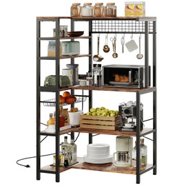 IRONCK Bakers Rack with Power Outlet, 5-Tier Corner Microwave Stand with Storage, Coffee Bar with 6 S-Shaped Hooks, Kitchen Shelves with Wire Basket