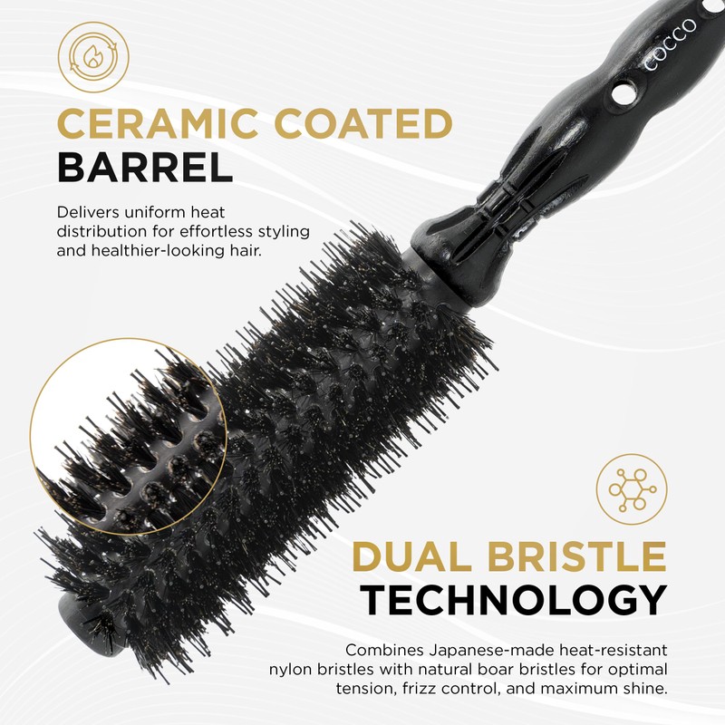 COCCO Black Series Ceramic Boar Brush S4, Hair Styling Brush