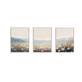 Kate and Laurel Sylvie Traditional Painterly Summer Meadows Framed Canvas Wall Art Set by The Creative Bunch Studio, 3 Piece Set Beaded White, Soft Prairie Flowers Art for Wall