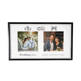 Happy Homewares Modern 25th Anniversary and Wedding Day Picture Frame in Silver and Black with Icons | Hearts Rings and Ribbon | Table or Wall