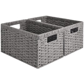 StorageWorks Round Paper Rope Storage Baskets, Rectangular Wicker Baskets with Built-in Handles, Gray, 2-Pack