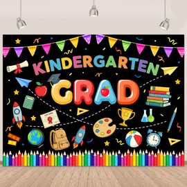 Preschool Kindergarten Graduation Backdrop Banner Colored Paintbrush Flag Kindergarten Graduate Decorations Banner Black Preschool Elementary Celebration Congrats Grad Party Supplies 5.9x3.6Ft