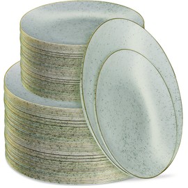 PLASTICPRO 128 Pack Elegant Disposable Plastic Plates Combo Set Bulk Pack Includes 64 Dinner Plates and 64 Salad Plates Heavy Duty Fancy Party Plates Green Granite Plates with Gold rim