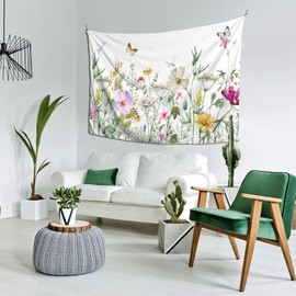 Floral Tapestry, Flower Tapestry Wall Hanging Plant Tapestrys, Colorful Wildflower Nature Wall Tapestries Butterfly Tapestries Botanical Herbs Vintage Tapestrys For Bedroom Living Room Dorm 80x60 Inch