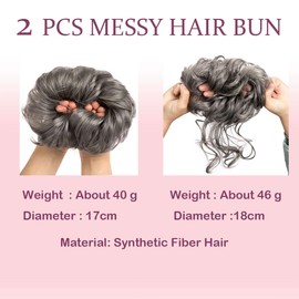 2PCS Messy Bun Hair Piece Tousled Updo Elastic Hair Bun Hair Piece for Women Synthetic Messy Hair Bun Donut Accessories (Black Grey)