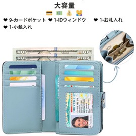 RNIEGA Women's Bi-fold Wallet, Genuine Leather, Lightweight, Folding Wallet, Coin Purse, Card Case, Compact, Skimming Prevention, Stylish Wallet, BLUE