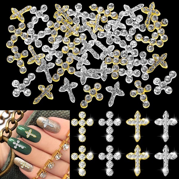 40 Pcs Cross Nail Charm 3D Nails Art Tips Decoration Rhinestones Cross Charms for Nails Metal Nail Cross Charm Nail Jewelry Decor Glitter Nail Jewel Accessories for DIY Jewelry Making (Gold, Silver)