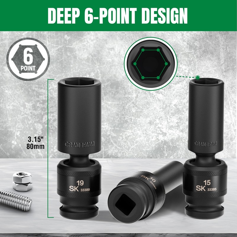 SK 3/8" Drive Universal Impact Socket Set, Deep Swivel Impact