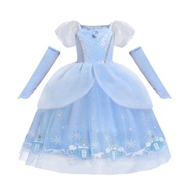 Lito Angels Princess Cinderella Fancy Dress Up Costume Party Ball Gown with Sleevelet Gloves for Kids Girls Age 6-7 Years, Blue
