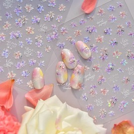 5D Flower Nail Art Stickers Small Flowers Nail Decals Self Adhesive Embossed Nail Art Supplies Floral Rhinestone Nail Design Stickers Spring and Summer Nail Decorations Decals for Women, 1Pcs