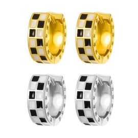 WCRAZYE Checkered Hoop Earrings for Women Dainty 925 Sterling Silver Post Tiny Round Circle Huggie Hoops Chic Small Cartilage White Black Enamel Checker Flag Hooped Gifts Her Birthday Bff, Small,