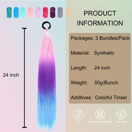 PORSMEER 3 Pcs Rainbow Hair Extensions With Elastic Tie,3 Tone Mermaid Hair for Braiding Crochet,Synthetic Braided Ponytail Extension for Women,Glitter Hair for Festival/Party(Pink/Purple/Blue)