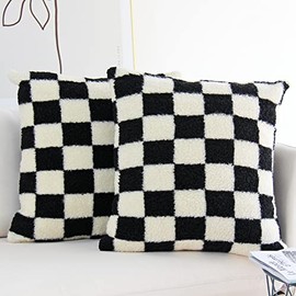 JOJUSIS Decorative Throw Pillow Covers Luxury Style Checkerboard Pattern Cushion Case Super Soft Faux Fur Wool Pillowcases for Couch Bedroom Pack of 2 (Black, 18 x 18-Inch)