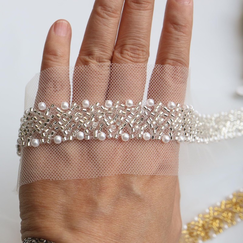 G-RUI 4.5yard White Golden Sequins Beaded Flower Embroidery lace Appliques