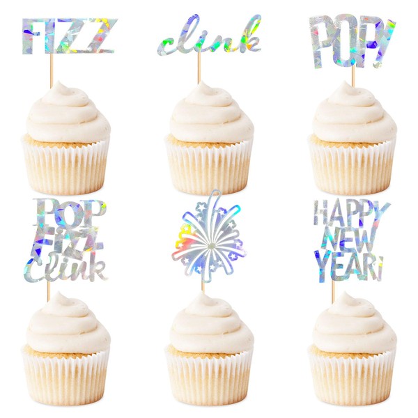 Keaziu - 24 piezas de decoración para cupcakes de feliz año nuevo, bienvenida, 2024, diseño de fuegos artificiales FIZZ POP Clink para felicitaciones 2024, feliz año nuevo, día festivo, decoración de fiesta, color plateado