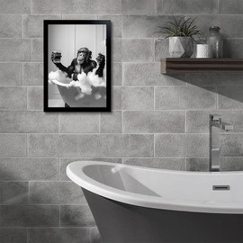 OIQArtOIQ Funny Bathroom Canvas Wall Art Black and White Framed Wall Art Chimpanzee in Bathtub Animal Art Prints Artwork For Restroom, 16x24 in