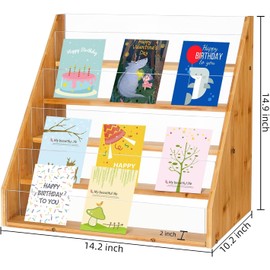 Listeadio 5 Tier Greeting Card Display Stand,Bamboo Card Display Stand for Cards, Durable Stylish Showcase Organizer with High-Transparency Panels for Vendors Table Shows