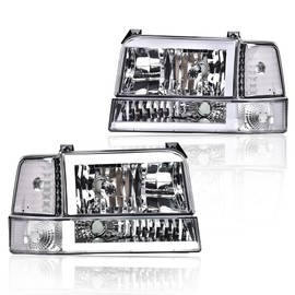 LQI LED DRL Headlights Assembly, Compatible with 1992-1996 Ford Bronco F150/ 92-97 F250 F350 Super Duty w/Corner Signal 6pc.Clear lens Chrome Housing Clear Reflector