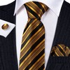 Barry.Wang Men Tie Gold Black Stripes Silk Ties Pocket Sqaure