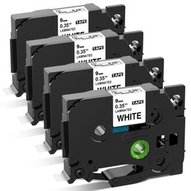 4-Pack Compatible P Touch TZe Tape 9mm 0.35inch Laminated White TZe-221 Brother P-Touch TZe-221 Tz221 3/8" for Brother P-Touch PT-H110 PT-D210 PT-D400 PT-D600 Label Maker, 9mm x 8m(0.35inch x 26.2ft)