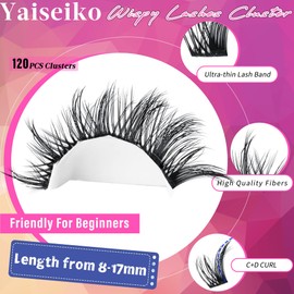 Yaiseiko Natural Lash Clusters Wispy Eyelash Clusters Left Right Cluster Eyelash Extensions Spiky Individual Lashes 8-17mm C D Curl Manga Lashes Clusters Kit with Lash Bond and Seal(120Pcs)