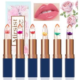 6 piezas de lápiz labial de gelatina de color mágico transparente, brillo labial hidratante que cambia de color con flores de gelatina de cristal, Cr
