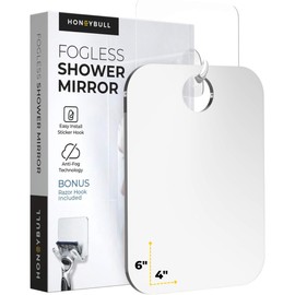 HONEYBULL Fogless Shower Mirror for Shaving – Anti-Fog Acrylic Mirror with Razor Holder, No-Drill Wall Mount, Flat Design for Steam Showers, Small 4x6in