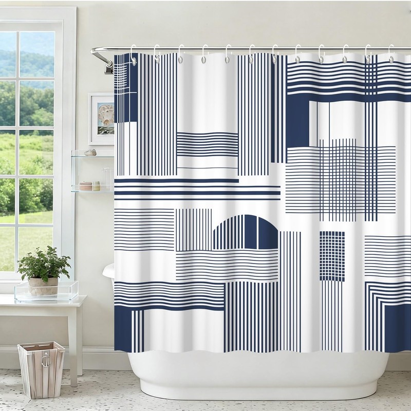 Yeele Navy Blue Geometric Line Art Shower Curtain, Modern Abstract