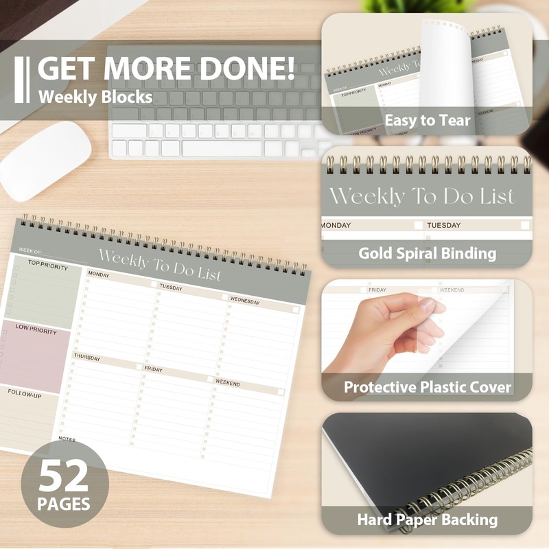 Weekly To Do List Notepad, Undated Planner with 52 Sheets
