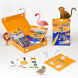 Bic Japan Big BK-MYCOLOREBOX Drawing Set, Colored Pencils, Water-Based Pen, Coloring Book, Big Kids, Animal, Gift Box