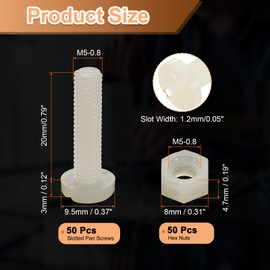 sourcing map 50Sets Nylon Screw Nut Assortment, M5-0.8x20mm Slotted Pan Head Screws & M5 Hex Nuts for Machinery, Electronics, White
