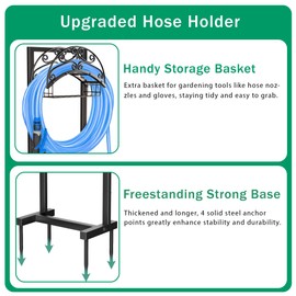 Gykoeaty Garden Hose Holder - Freestanding Water Hose Holders for Outside with Storage Basket, Heavy Duty Hose Stand Organizes 150ft Hose Storage Hanger Rack for Yard Lawn Farm