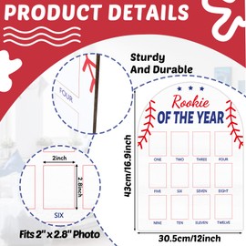 Baseball First Year Photo Board Rookie of the Year Birthday Party Decoration Wooden Board 12 Monthly Milestone Picture Frame Sports 1st Birthday Photo Banner for Baby Boy Keepsake Gift Supply2x2.8In