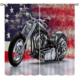 Cortinas opacas de motocicleta para decoración del hogar, color negro para motocicleta, fondo de la bandera americana, bolsillo para barra, cortinas con aislamiento térmico, cortinas para oscurecer la