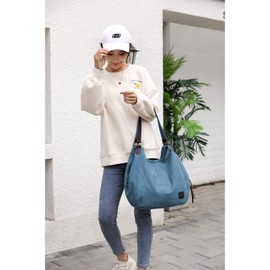 DOURR Women's Multi-pocket Shoulder Bag Fashion Cotton Canvas Handbag Tote Purse (Blue - Large Size)