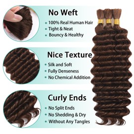 Human Braiding Hair for Boho Braids Human Hair 110g 16 Inch Curly Boho Hair for Braiding Knotless 12A Deep Wave Bohemian 3 Bundles/Pack Chocolate Brown