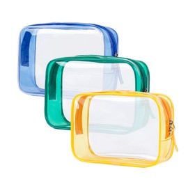 Sahunfri 3-Pack Clear Toiletry Bags Waterproof Gym & Weekend Trip Accessories Transparent PVC Cosmetic Organizers with Color Borders (Yellow+Blue+Green)