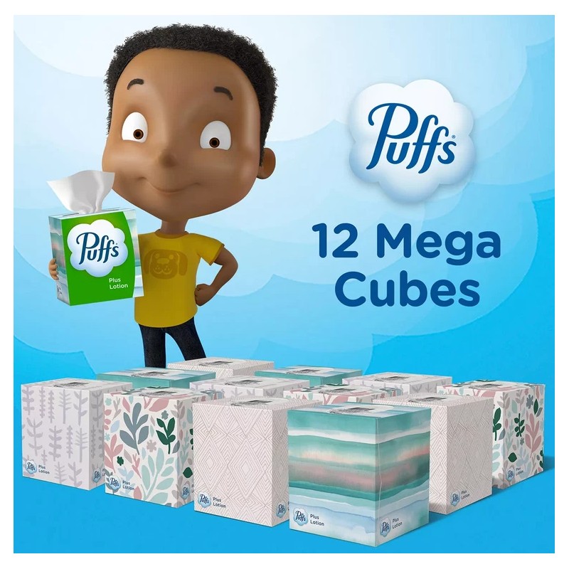 Puffs Plus Lotion 2-Ply Facial Tissues 12 Cube Boxes, 72