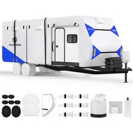 GLOPDA RV Cover, 300D Oxford Travel Trailer RV Cover Fits 14'-16', Waterproof Anti-Tear Camper Cover Winter Toy Hauler Cover with 4 Tire Cover, Tongue Jack Cover and Gutter Covers