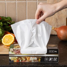 BOS Odor-Sealing Kitchen, Home & Food Small Trash Bags for Waste- Disposable Bags - Scent & Smell Free [Size XL, Color White] (50 Count, Pack of 2) (100 Bags)