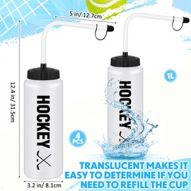 Domensi 4 Pack 1 Liter Sports Water Bottle W/Long Straw Hockey Lacrosse BPA Free Easy Squeeze Plastic Bottle Use W/Sport Helmet in Football Baseball Gym Yoga (Translucent,Novel)