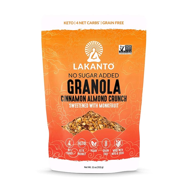 Lakanto Healthy Quick Breakfast Granola, Cinnamon Almond Crunch Cereal with Monk Fruit, Keto Snack, Sugar Free, Vegan, Gluten Free & Grain Free (11 Ounce)