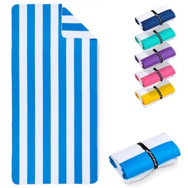 Fit-Flip Beach towel - large microfibre towel - lightweight, compact and super absorbent - sand free quick dry towel, 100% recycled microfibre travel towel – white-sky blue stripes 200x90cm