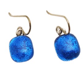 Petite Mini Fused Blue Denim Dichroic Glass Sterling Silver Earrings N198