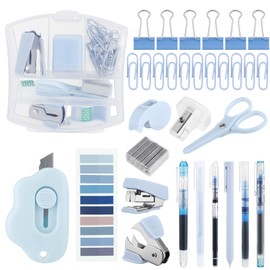 Colarr Mini Office Supply Kit Includes Stapler Tape Dispenser Staple Remover Paper Clips Scissor Staples Pen Sharpener Note Small Telescopic Knife for Office and School Clerk Student (Blue)