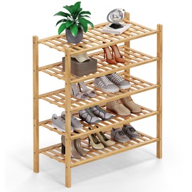 Haddockway 5 Tier Bamboo Shoe Rack Storage Organizer, Multifunctional Free Standing Stackable Shoe Shelf with Grid Panel for Closet,Hallway,Entryway,Small Space 27"x11"x32" (Natural, 5 Tier)