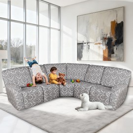 ALIECOM 100% Waterproof Sectional Recliner Couch Covers L Shape Printed Stretch Corner Reclining Sectional Sofa Cover Washable Pet Dog Recliner Slipcovers (Floral Khaki, 5 Seat)