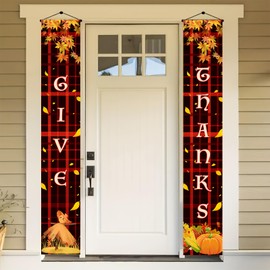 BlissYard Thanksgiving Door Banner 12x71 Inch Vertical THANKS GIVE Red Plaid Fall Porch Sign Rustic Harvest Door Hanging Decoration with Pumpkin Corn Scarecrow Autumn Entry Decor for Indoor Outdoor